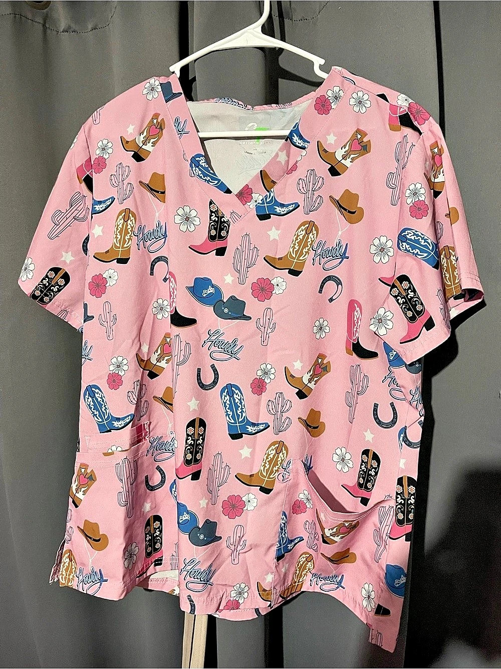 Scrub cowgirl Pink & Blue Printed Short Sleeve Top